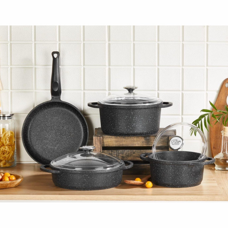 Batterie de cuisine 7 pièces – 3 casseroles avec couvercles + 1 poêle