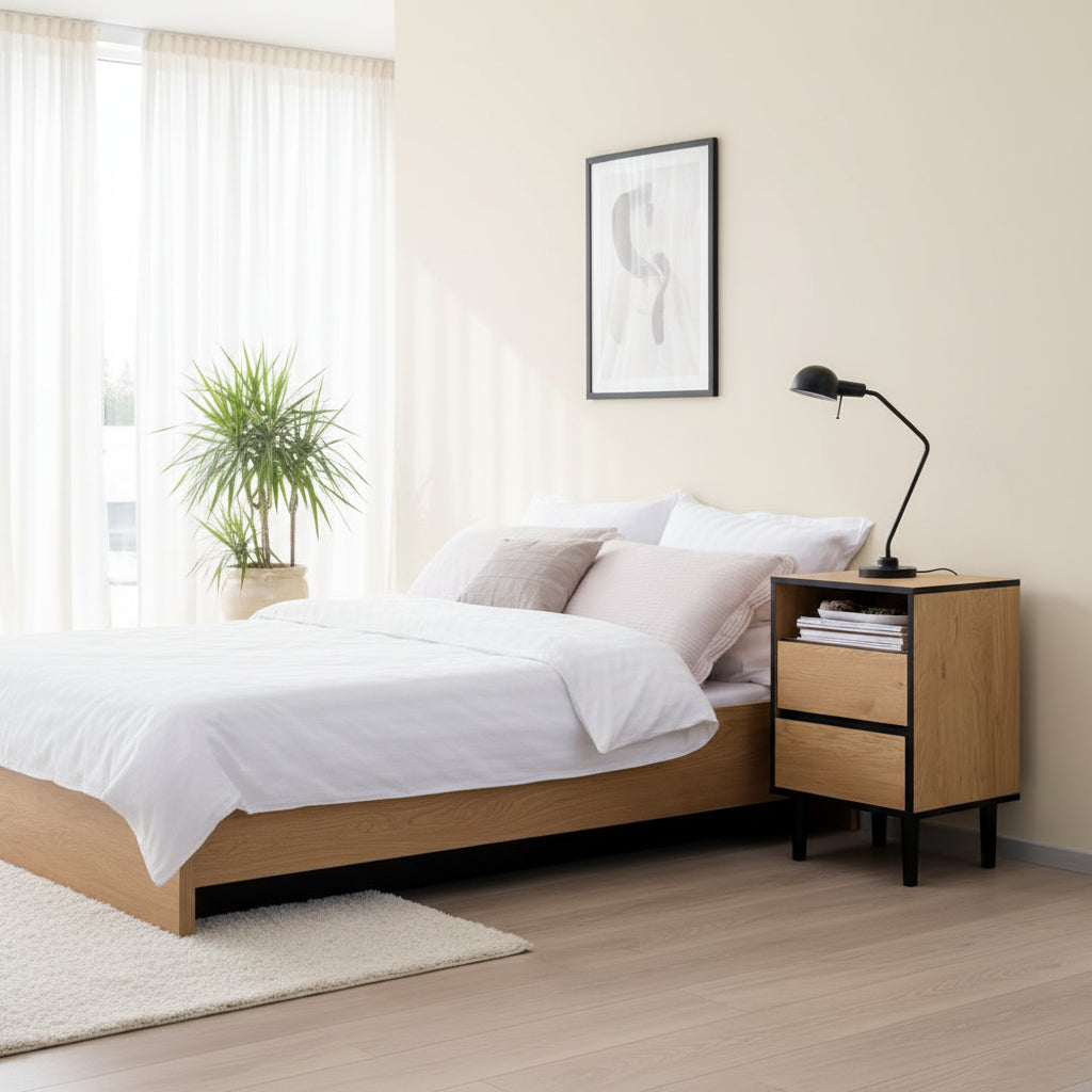 Table de nuit 2 tiroirs coloris chêne chaud/noir