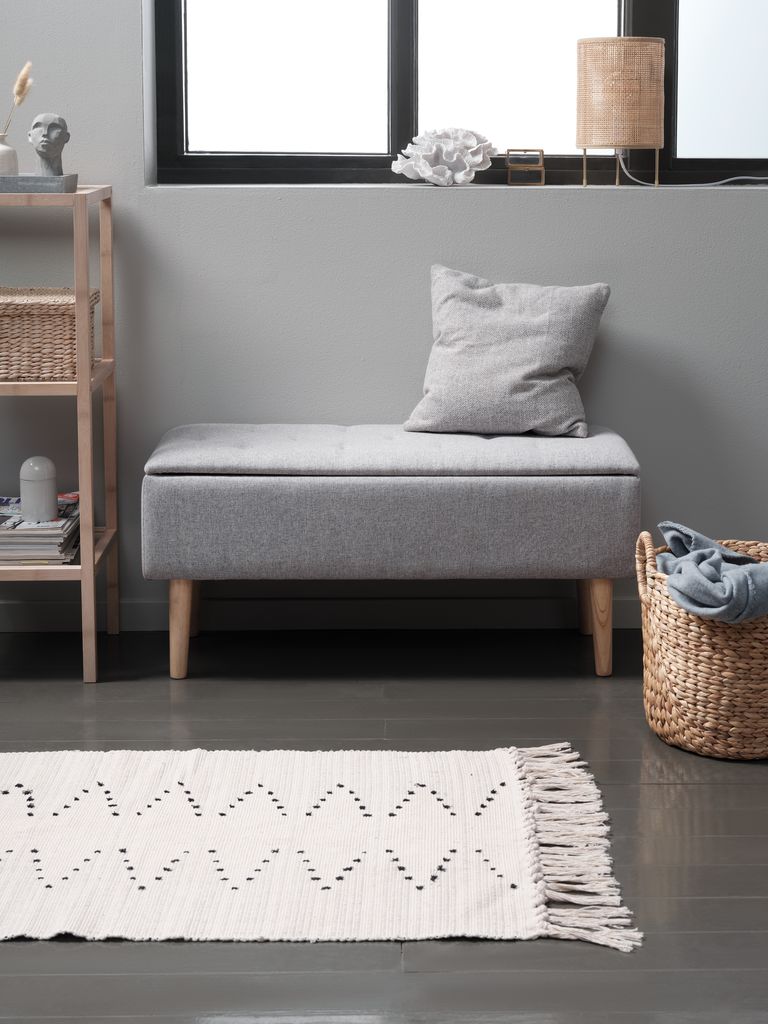Banc avec rangement – Tissu gris clair / Chêne naturel