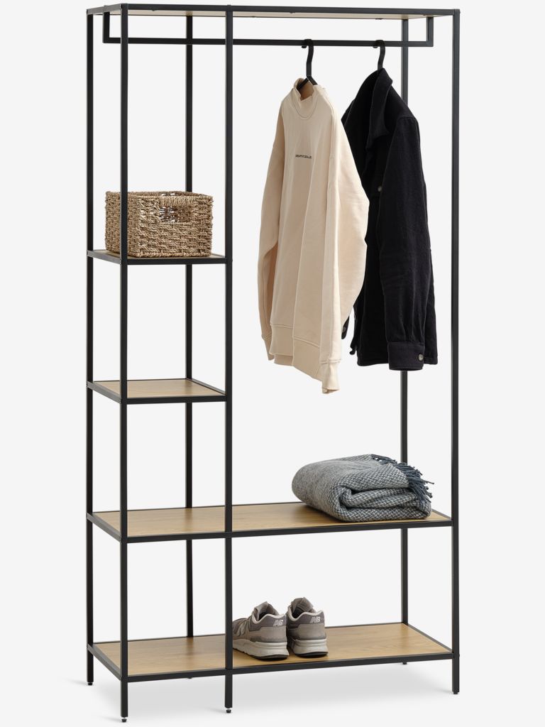 Meuble d’entrée – chêne / noir, avec tringle et 4 tablettes