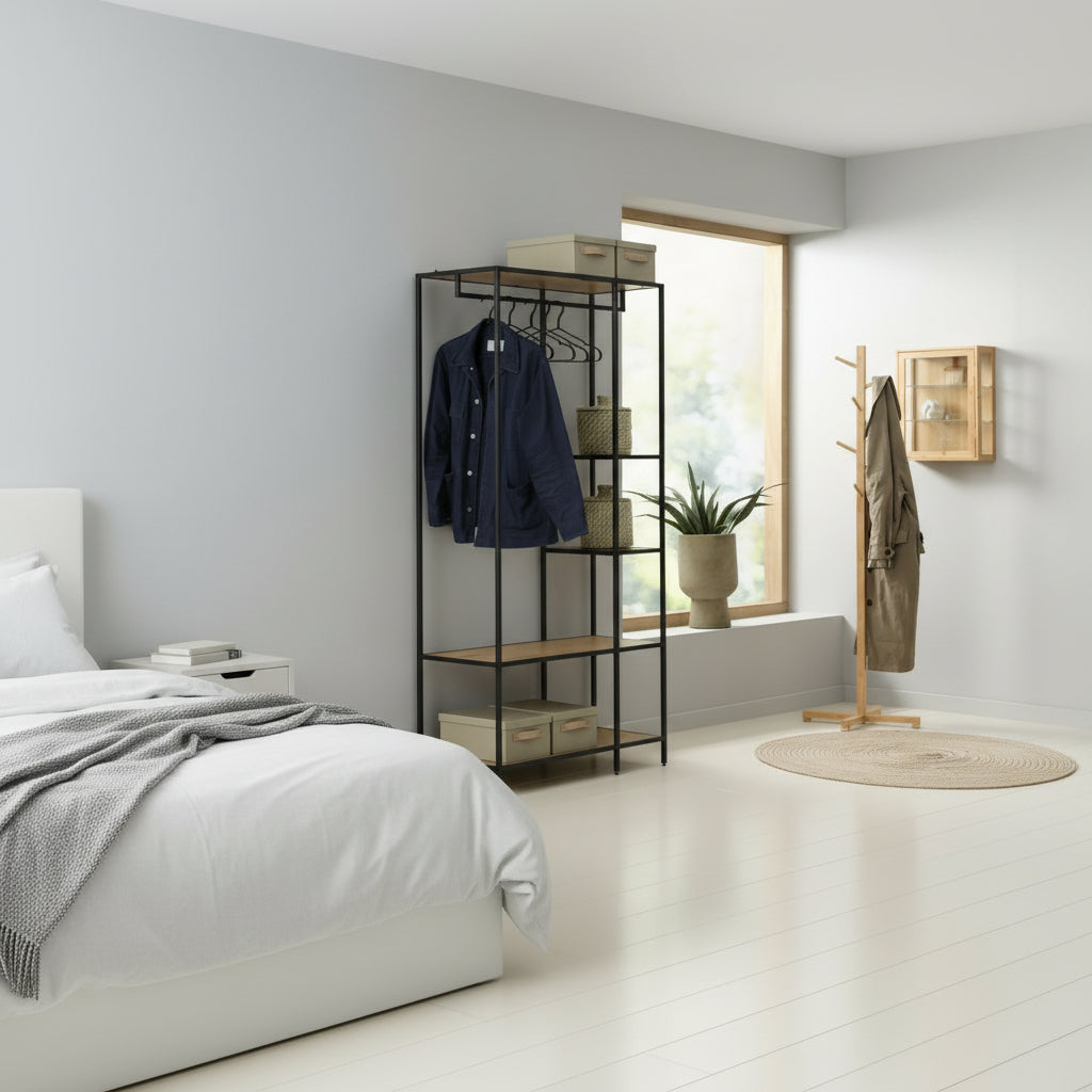 Meuble d’entrée – chêne / noir, avec tringle et 4 tablettes