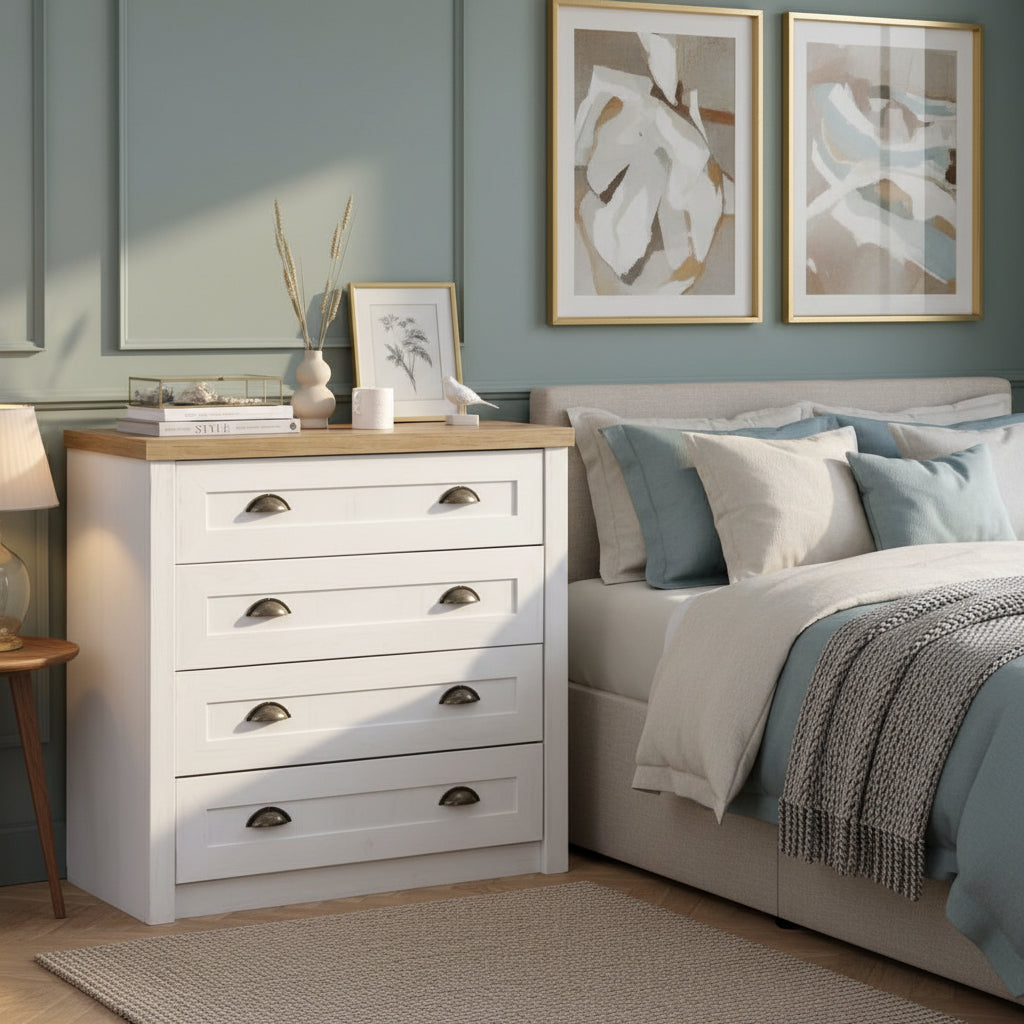 Commode – 4 tiroirs – Blanc / Chêne naturel sauvage