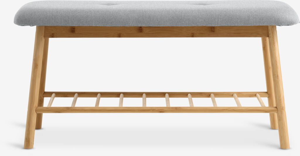 Banc en bambou avec étagère et assise tissu gris
