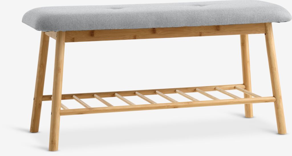 Banc en bambou avec étagère et assise tissu gris