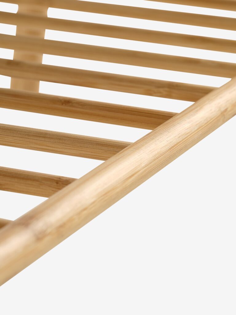 Banc en bambou avec étagère et assise tissu gris