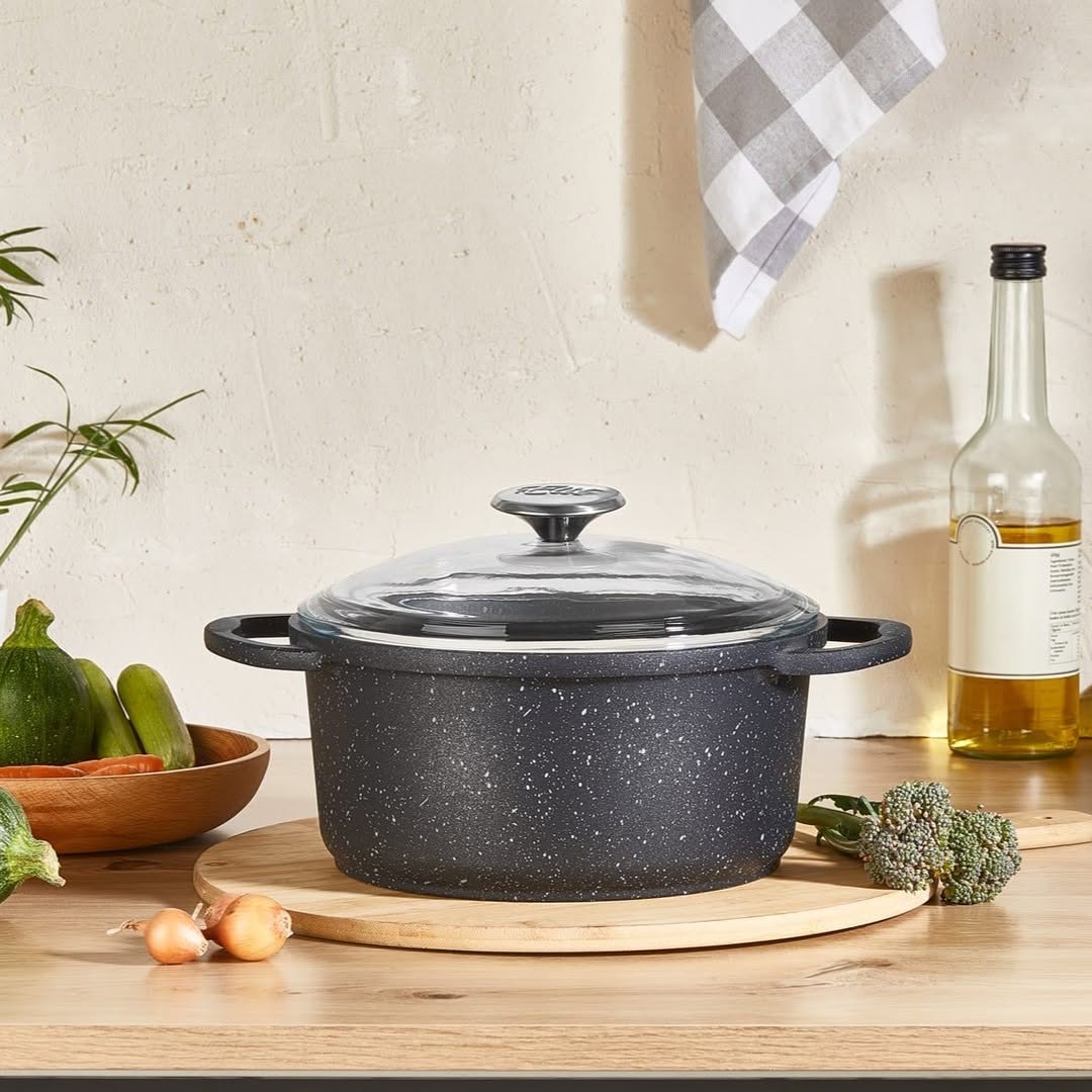 Batterie de cuisine 7 pièces – 3 casseroles avec couvercles + 1 poêle