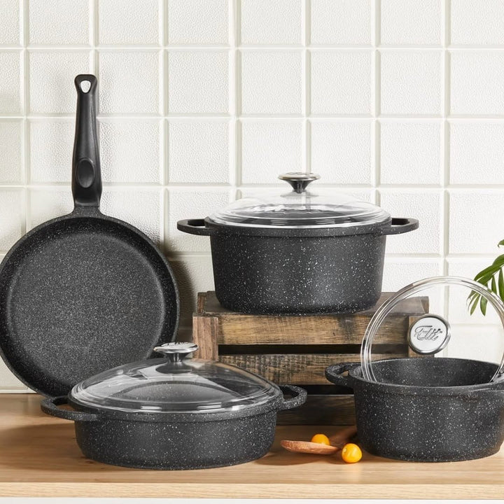Batterie de cuisine 7 pièces – 3 casseroles avec couvercles + 1 poêle