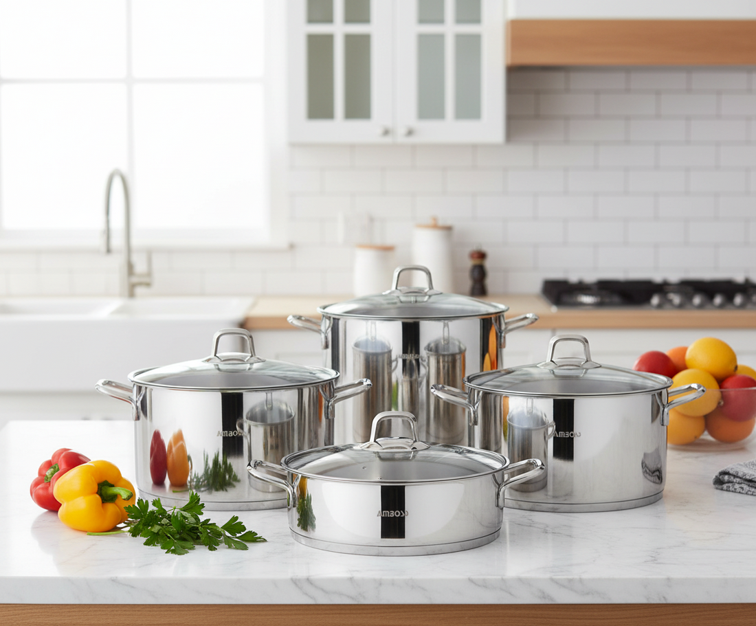 Batterie de cuisine Amboss Diamond 8 pièces en acier inoxydable avec couvercle en verre