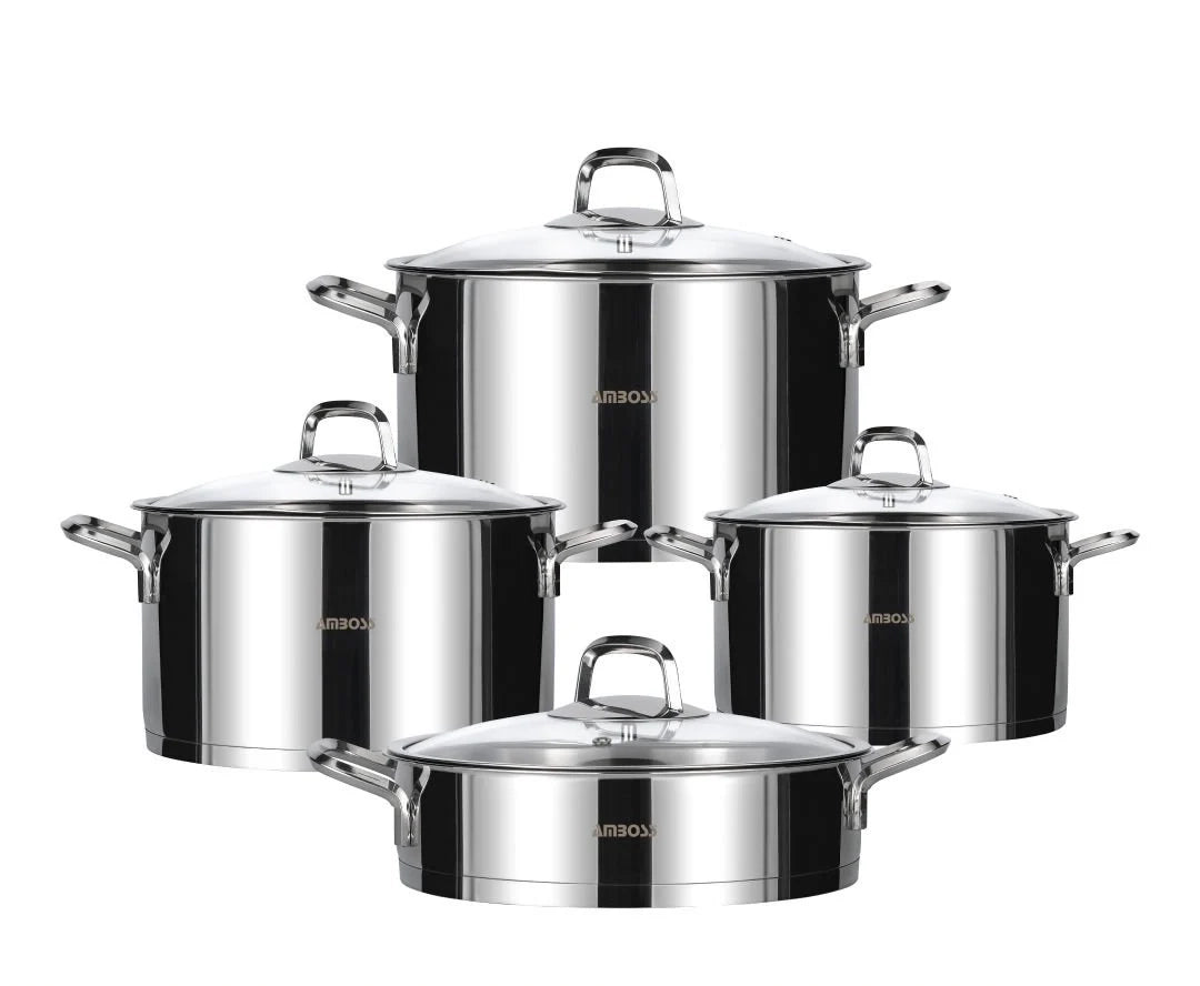 Batterie de cuisine Amboss Diamond 8 pièces en acier inoxydable avec couvercle en verre