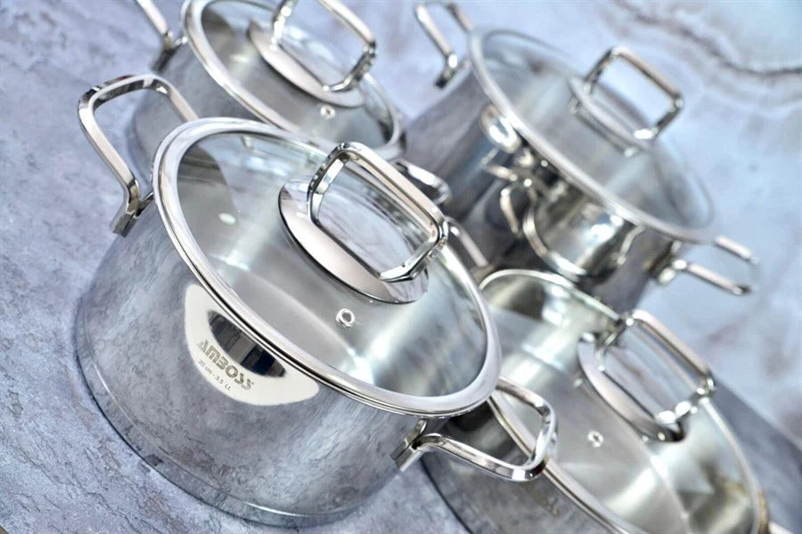 Batterie de cuisine Amboss Diamond 8 pièces en acier inoxydable avec couvercle en verre