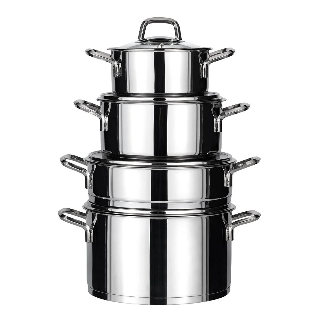 Batterie de cuisine Amboss Diamond 8 pièces en acier inoxydable avec couvercle en verre