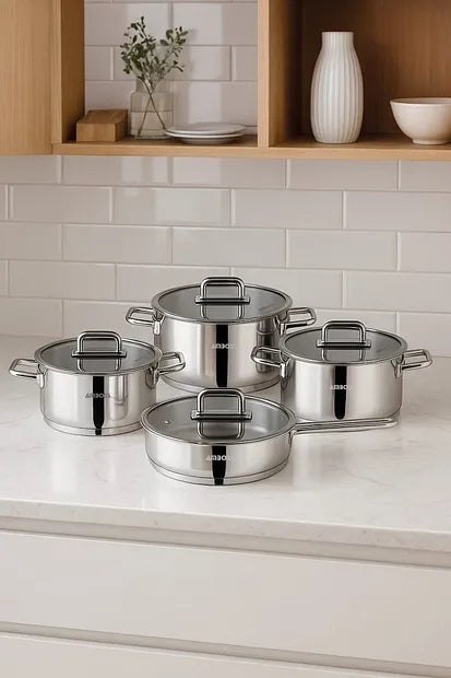 Batterie de cuisine Amboss Diamond 8 pièces en acier inoxydable avec couvercle en verre