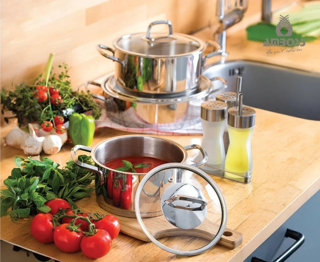 Batterie de cuisine Amboss Diamond 8 pièces en acier inoxydable avec couvercle en verre