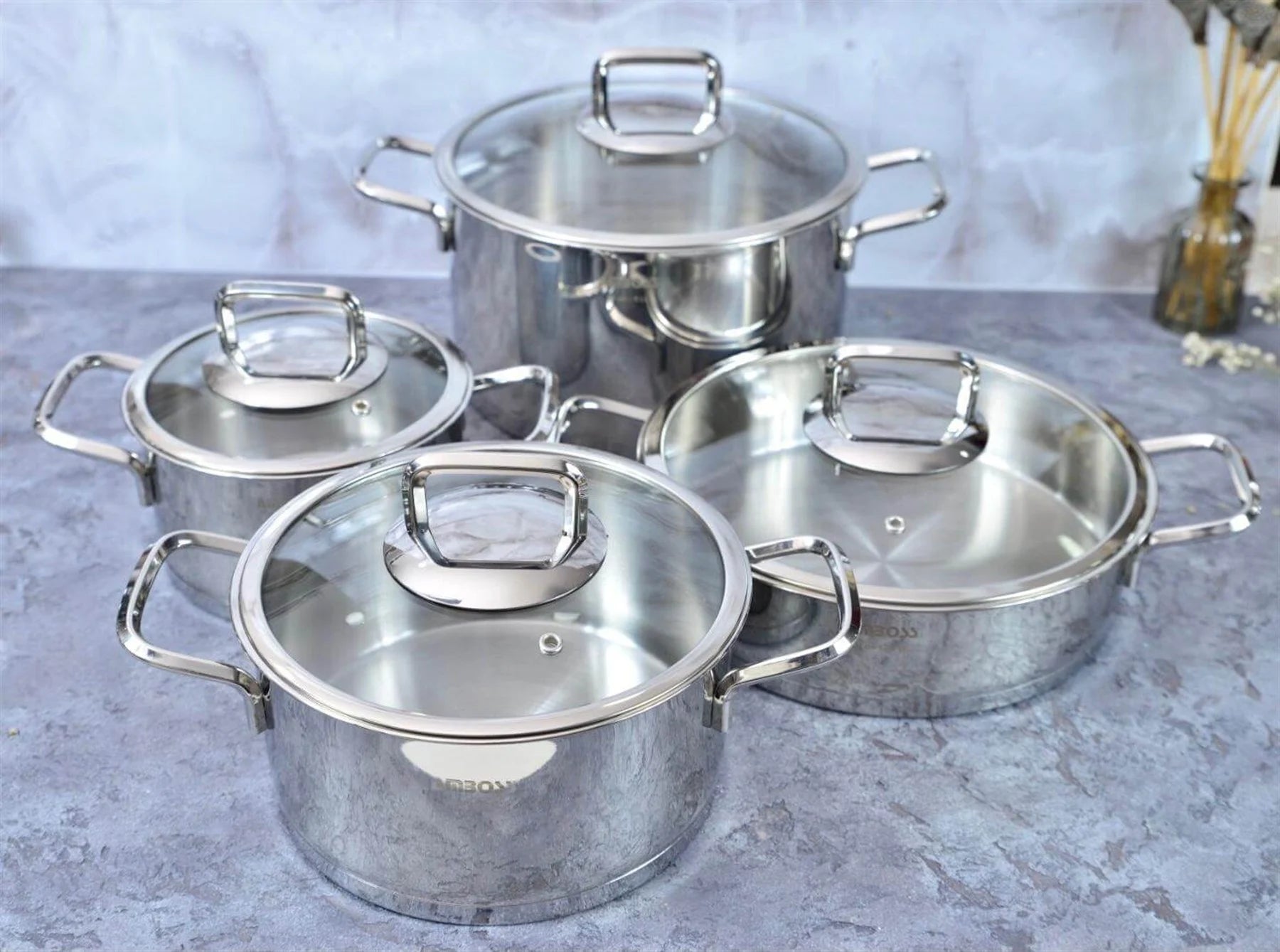 Batterie de cuisine Amboss Diamond 8 pièces en acier inoxydable avec couvercle en verre