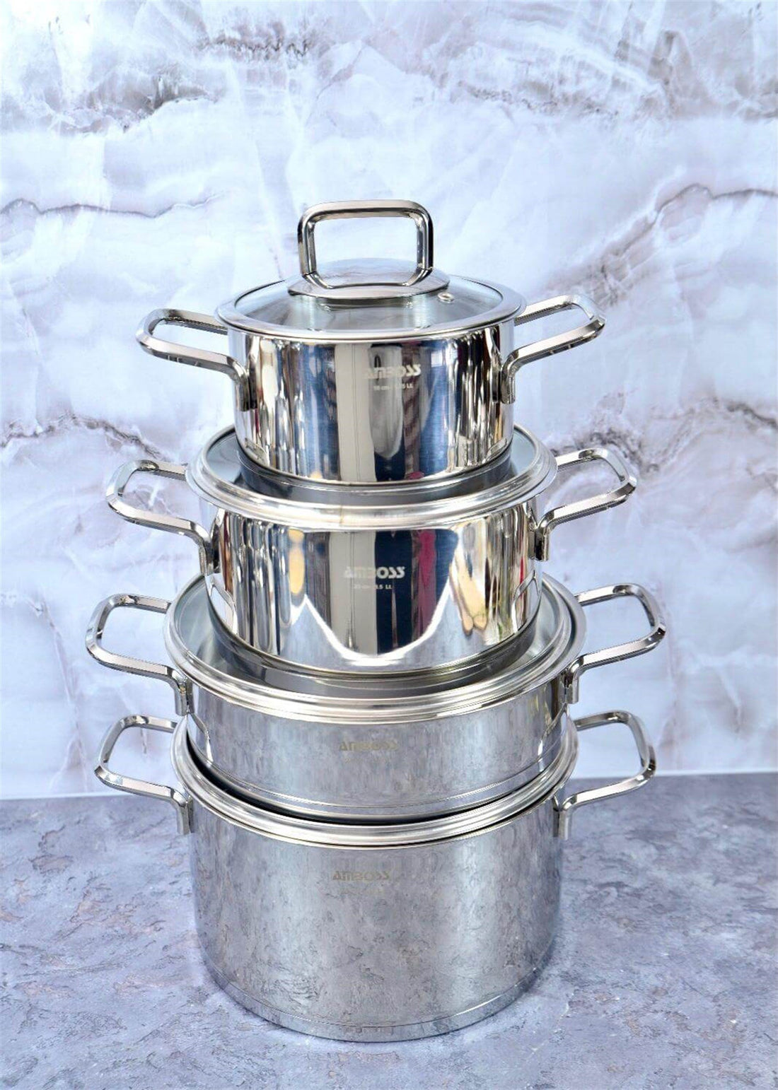 Batterie de cuisine Amboss Diamond 8 pièces en acier inoxydable avec couvercle en verre