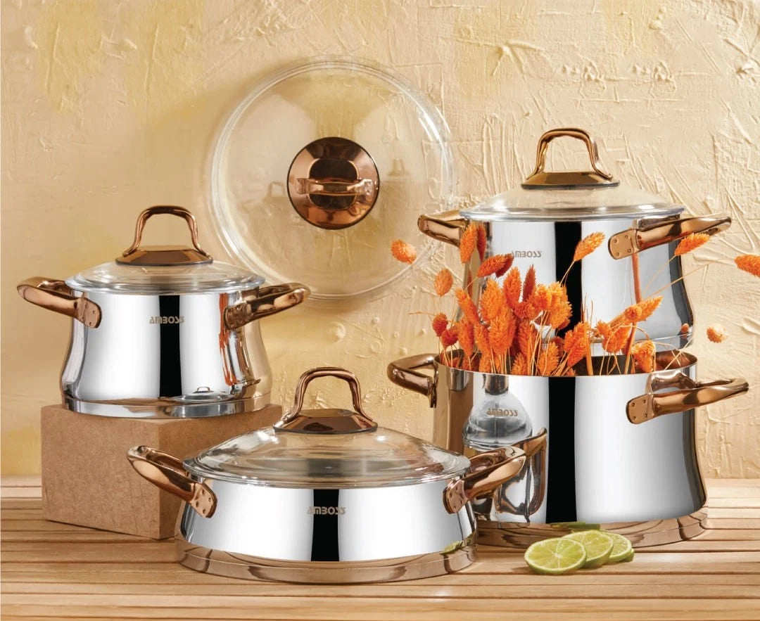 Batterie de cuisine Amboss Oregon 8 pièces en acier inoxydable avec couvercle en verre et poignée en cuivre