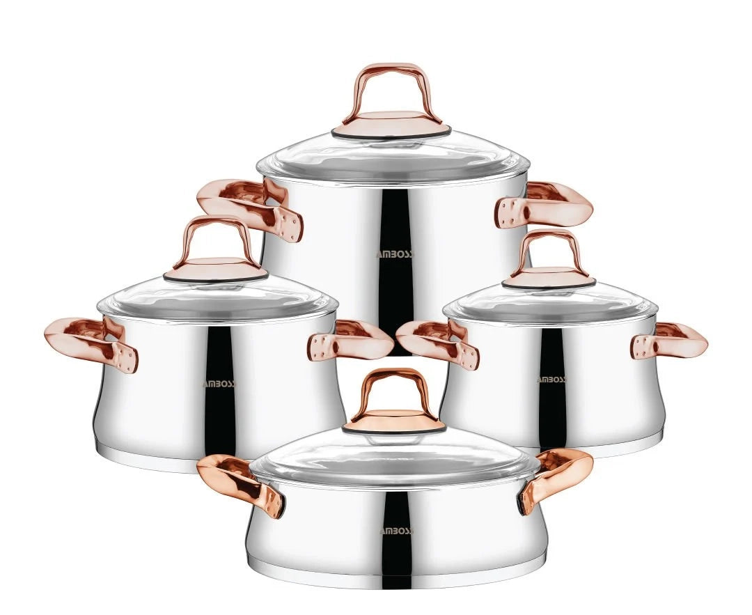 Batterie de cuisine Amboss Oregon 8 pièces en acier inoxydable avec couvercle en verre et poignée en cuivre