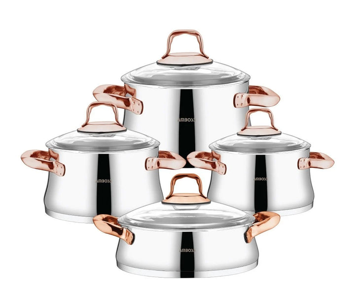 Batterie de cuisine Amboss Oregon 8 pièces en acier inoxydable avec couvercle en verre et poignée en cuivre