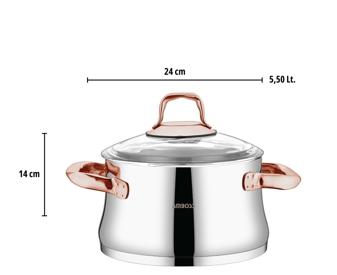Batterie de cuisine Amboss Oregon 8 pièces en acier inoxydable avec couvercle en verre et poignée en cuivre