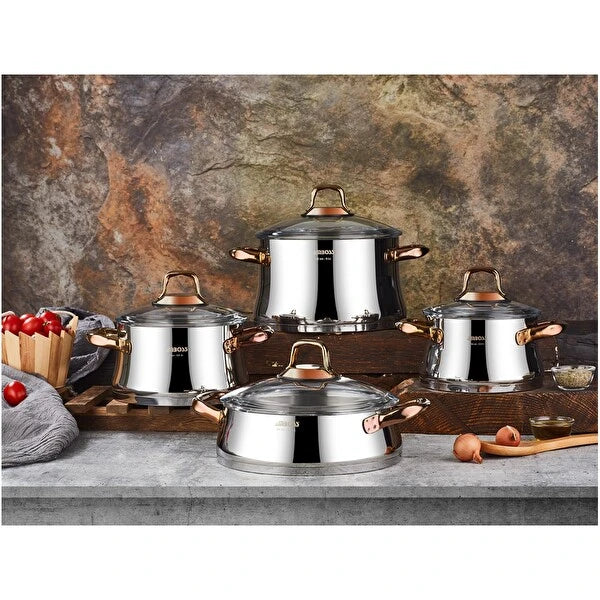 Batterie de cuisine Amboss Oregon 8 pièces en acier inoxydable avec couvercle en verre et poignée en cuivre