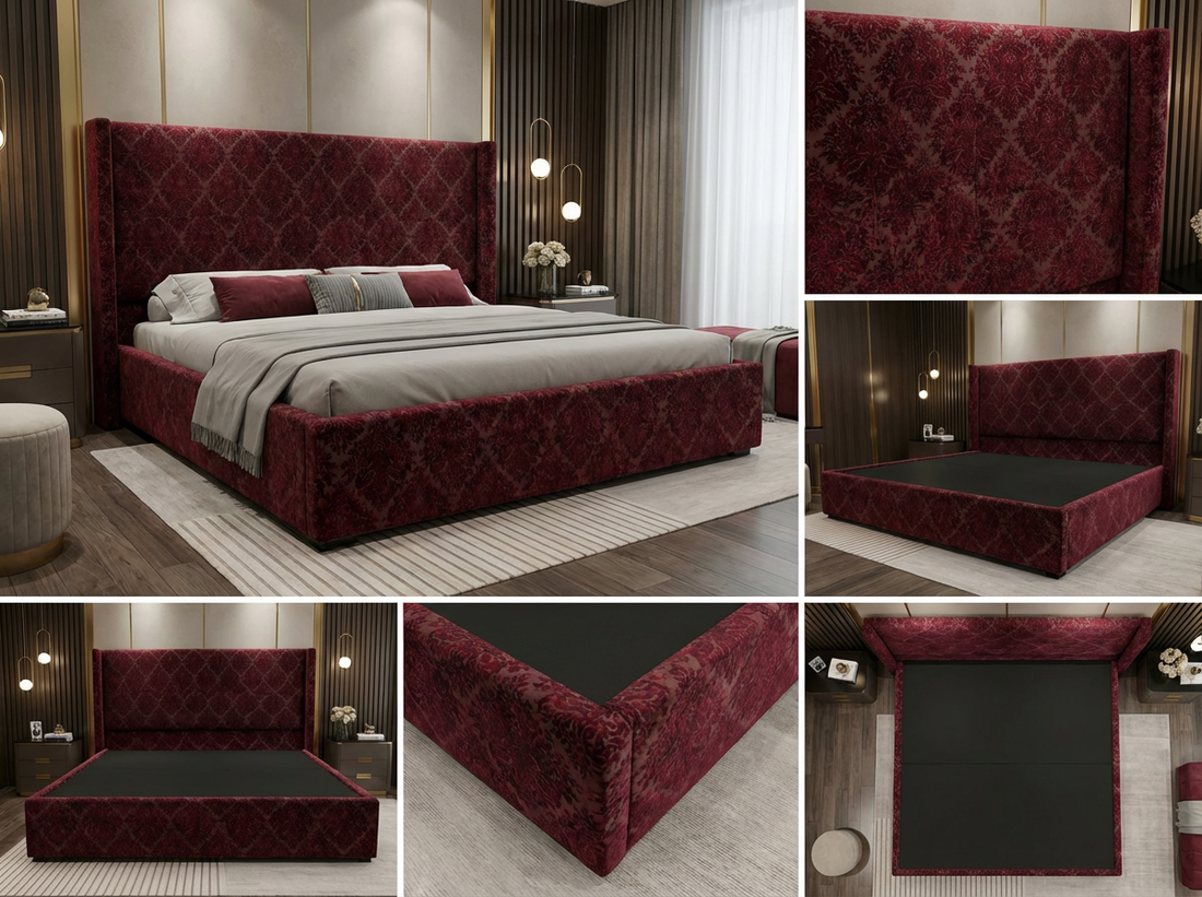 Cadre de Lit Velours Rouge Flamboyant - Tête de Lit Verticalement Cannelée (Ribbed) - Pieds Métalliques Élégants