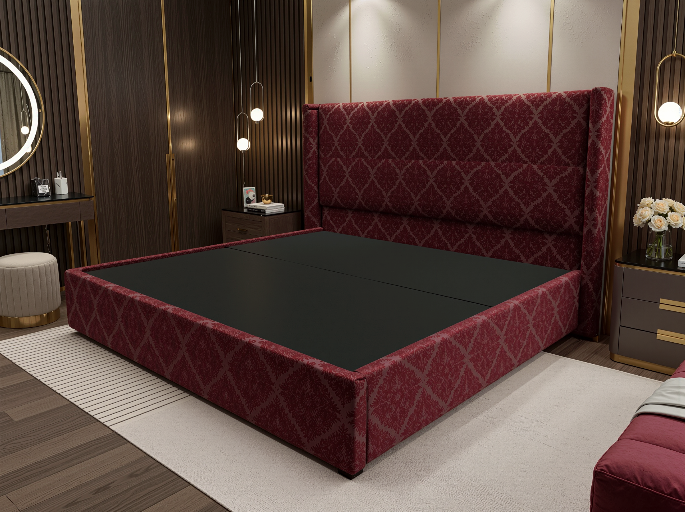 Cadre de Lit Velours Rouge Flamboyant - Tête de Lit Verticalement Cannelée (Ribbed) - Pieds Métalliques Élégants