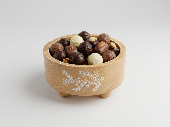 Bol/Coffret Rond sur Pieds "Fès Touch" (Bois Naturel Sculpté)