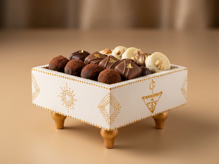 Bol/Coffret Sur Pieds "TISSIR" (Bois Naturel et Motifs Blancs)