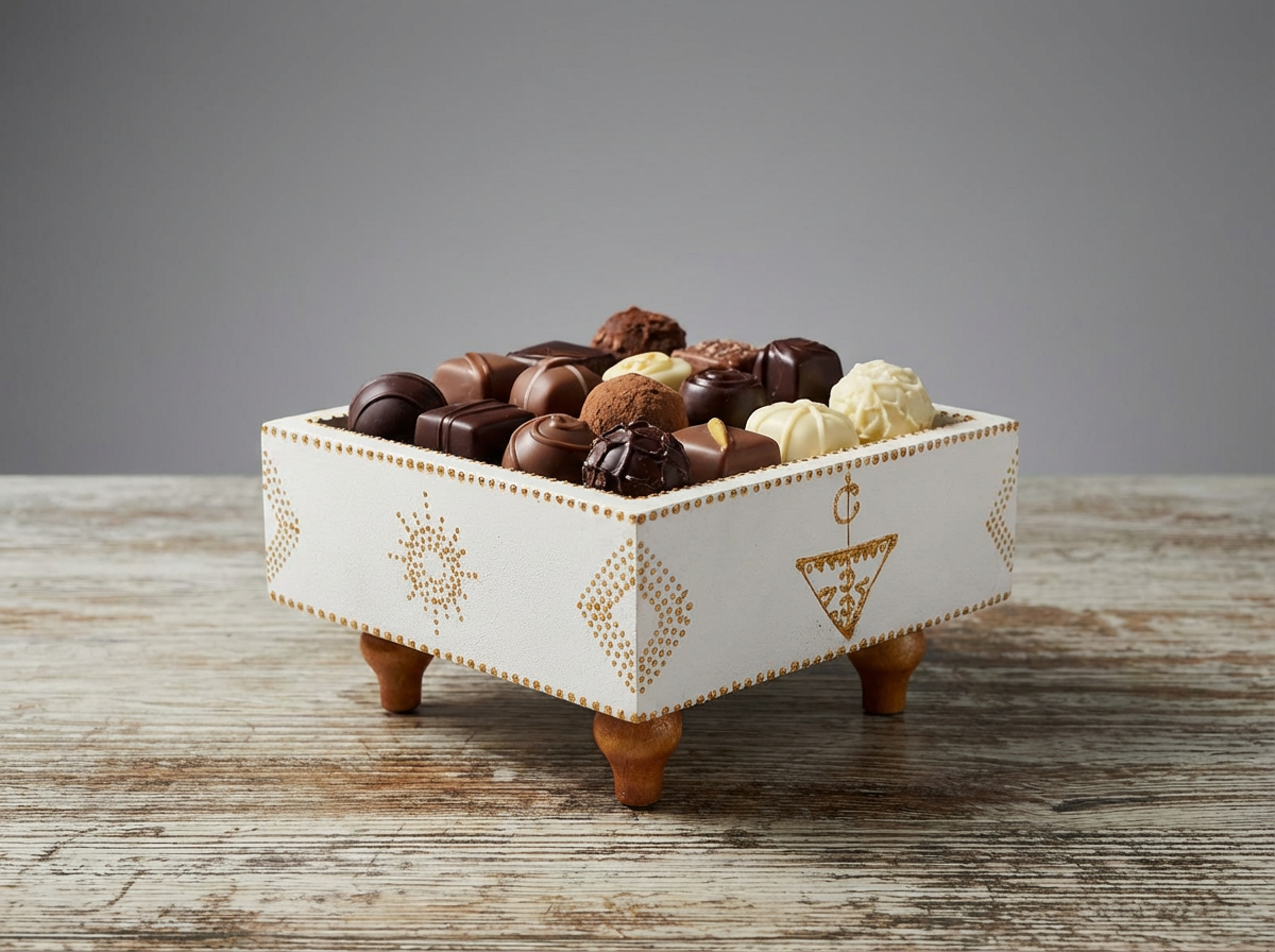 Bol/Coffret Sur Pieds "TISSIR" (Bois Naturel et Motifs Blancs)