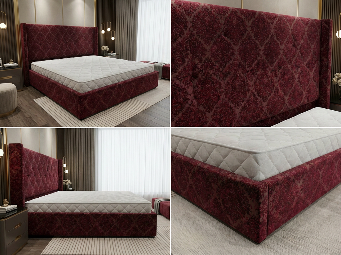 Cadre de Lit Velours Rouge Flamboyant - Tête de Lit Verticalement Cannelée (Ribbed) - Pieds Métalliques Élégants