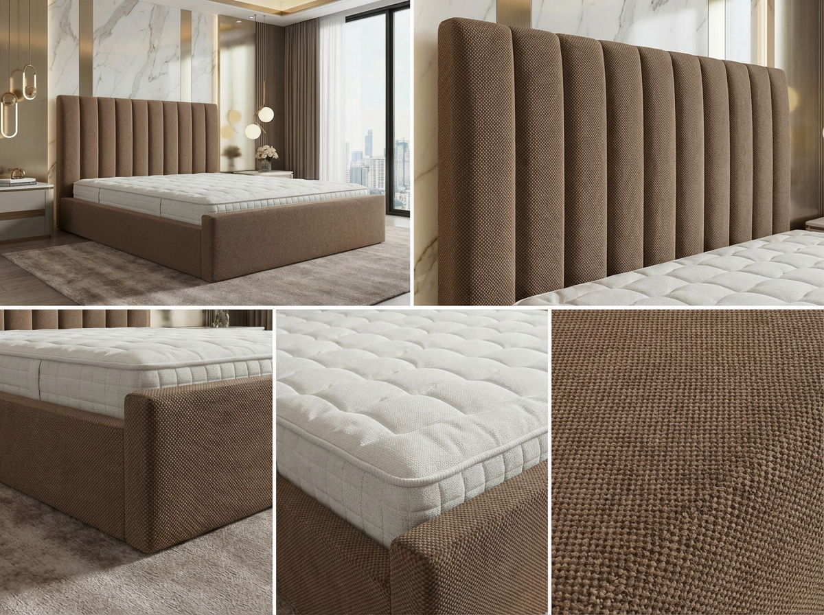 Cadre de Lit Moderne Cannele en Tissu Texturé Marron/Taupe - Tête de Lit Haute (Ribbed) - Tailles Queen et King