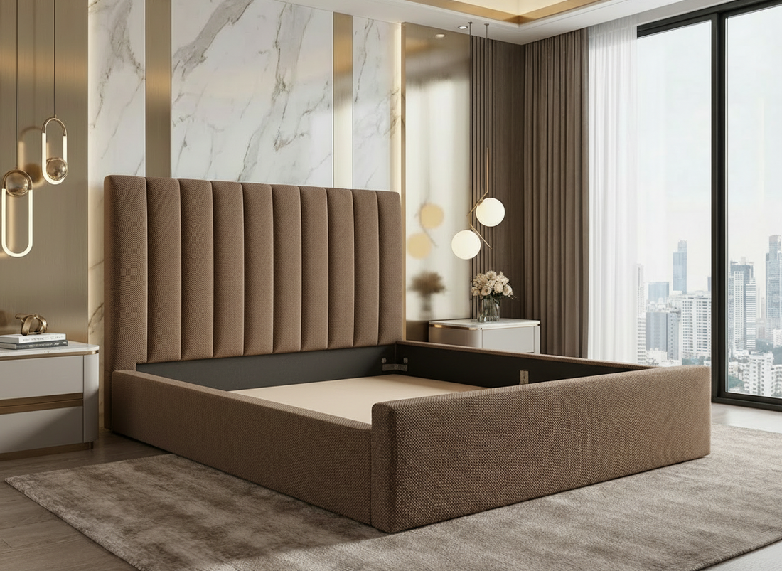 Cadre de Lit Moderne Cannele en Tissu Texturé Marron/Taupe - Tête de Lit Haute (Ribbed) - Tailles Queen et King