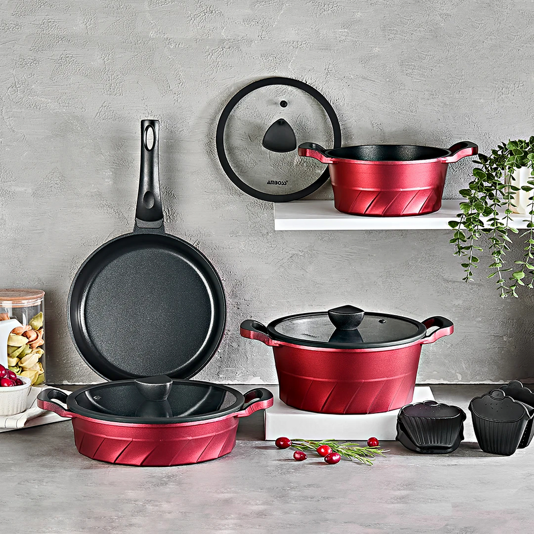Set Vento 7 Pièces – Fonte avec Revêtement Titane (Rouge)