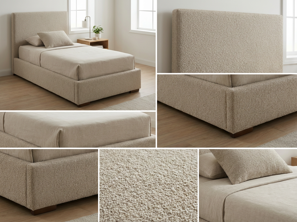 Lit Simple (90x200 cm) "Cosy Chic" en Tissu Bouclé Beige Clair - Tête de Lit Haute et Base Rembourrée (Lit Coffre)