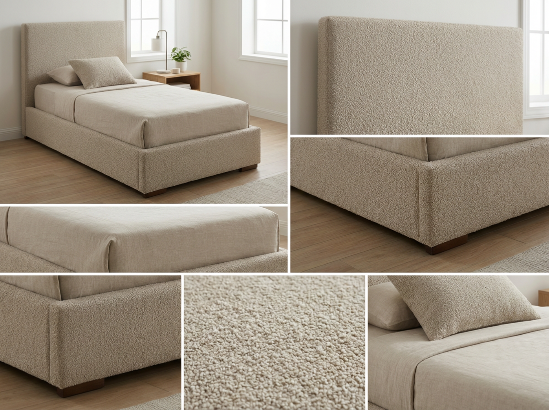 Lit Simple (90x200 cm) "Cosy Chic" en Tissu Bouclé Beige Clair - Tête de Lit Haute et Base Rembourrée (Lit Coffre)