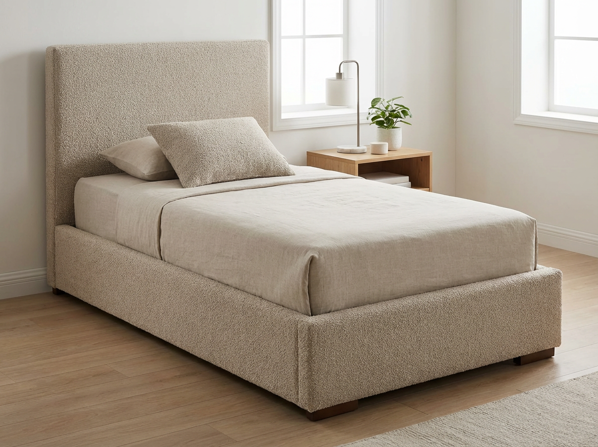 Lit Simple (90x200 cm) "Cosy Chic" en Tissu Bouclé Beige Clair - Tête de Lit Haute et Base Rembourrée (Lit Coffre)