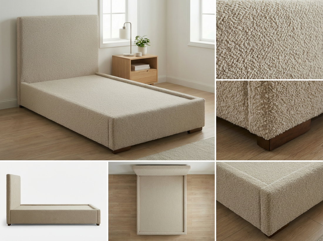 Lit Simple (90x200 cm) "Cosy Chic" en Tissu Bouclé Beige Clair - Tête de Lit Haute et Base Rembourrée (Lit Coffre)