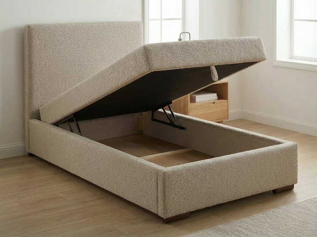 Lit Simple (90x200 cm) "Cosy Chic" en Tissu Bouclé Beige Clair - Tête de Lit Haute et Base Rembourrée (Lit Coffre)