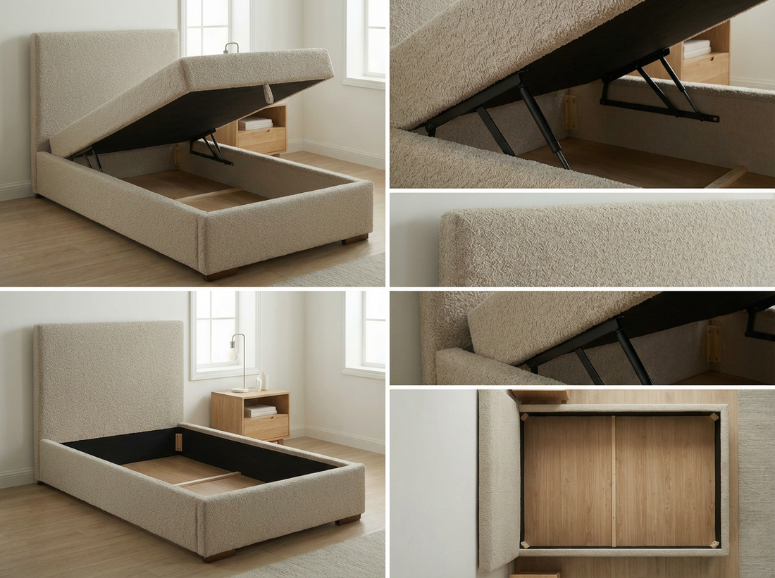 Lit Simple (90x200 cm) "Cosy Chic" en Tissu Bouclé Beige Clair - Tête de Lit Haute et Base Rembourrée (Lit Coffre)