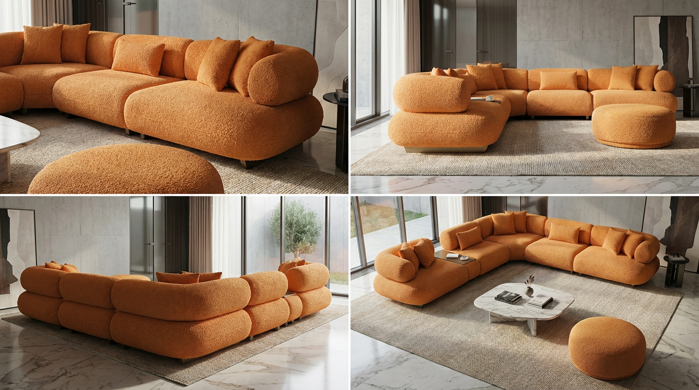 Canapé d'Angle "Bubble" en Tissu Bouclé -  Design Modulaire et Organique