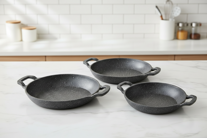 Set de 3 poêles à double poignée – Revêtement effet pierre, antiadhésif