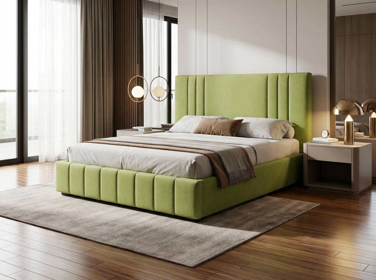 Lit Cannelé Moderne Vert Pistache (Vif) - Option Cadre Simple (Lattes) ou Lit Coffre (Rangement) - Tailles Queen et King