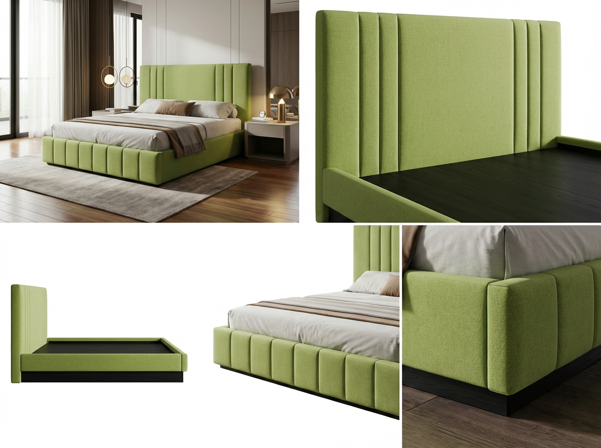 Lit Cannelé Moderne Vert Pistache (Vif) - Option Cadre Simple (Lattes) ou Lit Coffre (Rangement) - Tailles Queen et King