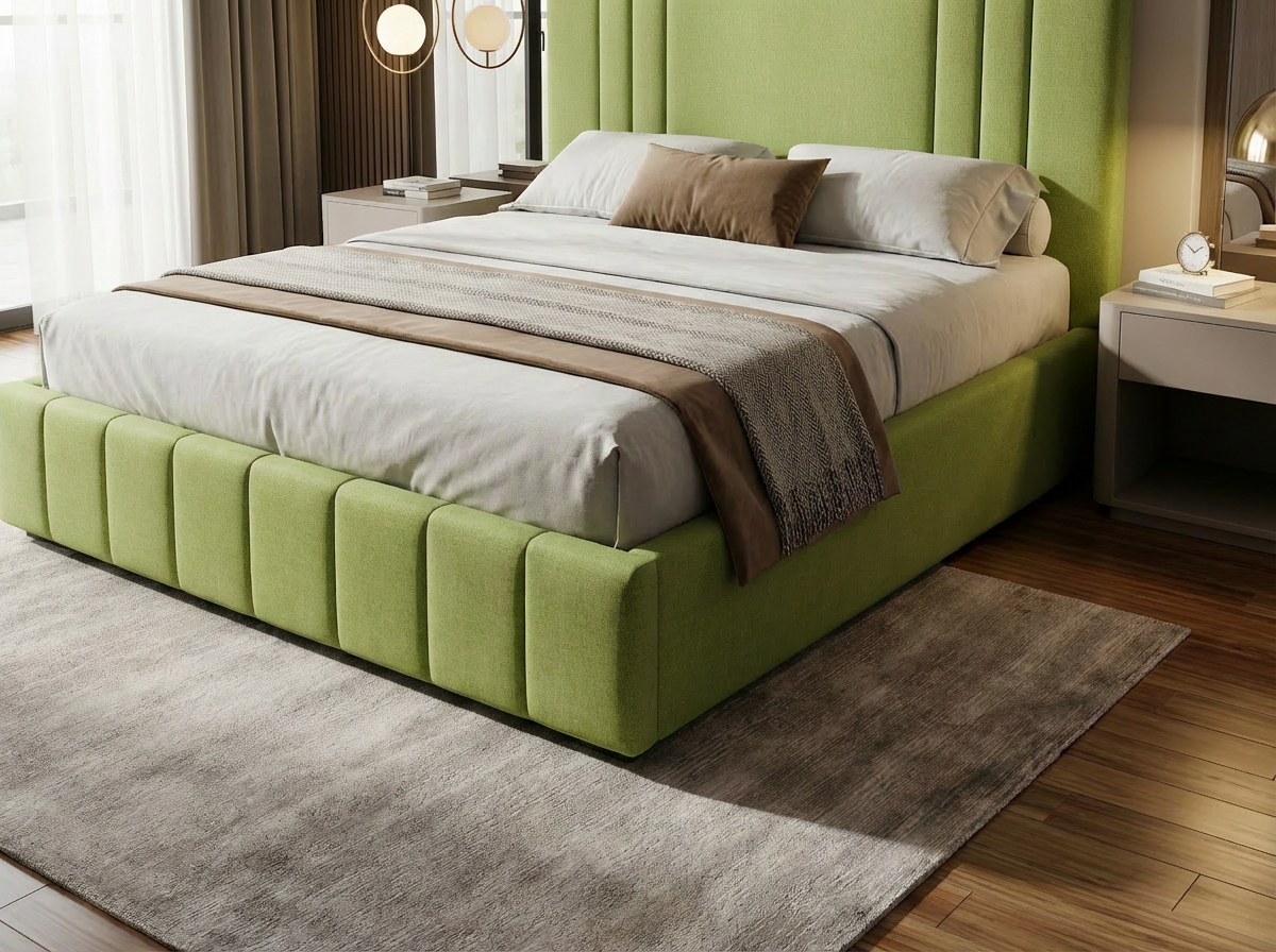 Lit Cannelé Moderne Vert Pistache (Vif) - Option Cadre Simple (Lattes) ou Lit Coffre (Rangement) - Tailles Queen et King