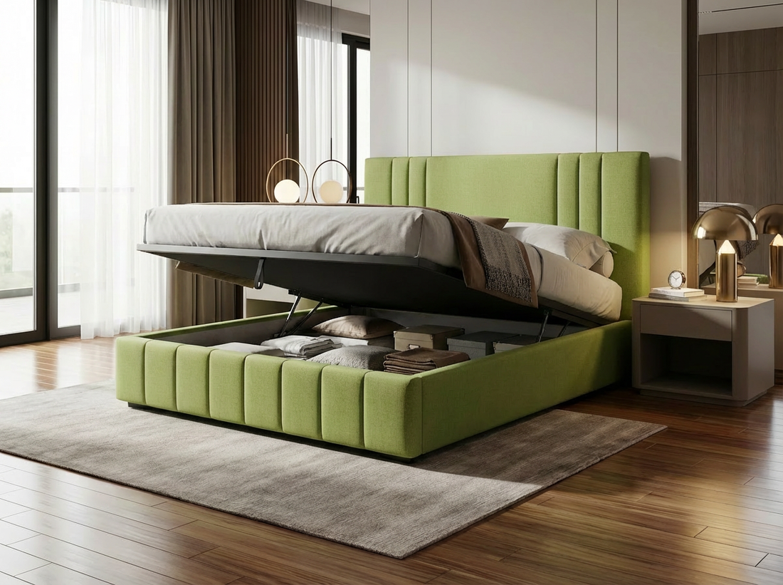 Lit Cannelé Moderne Vert Pistache (Vif) - Option Cadre Simple (Lattes) ou Lit Coffre (Rangement) - Tailles Queen et King