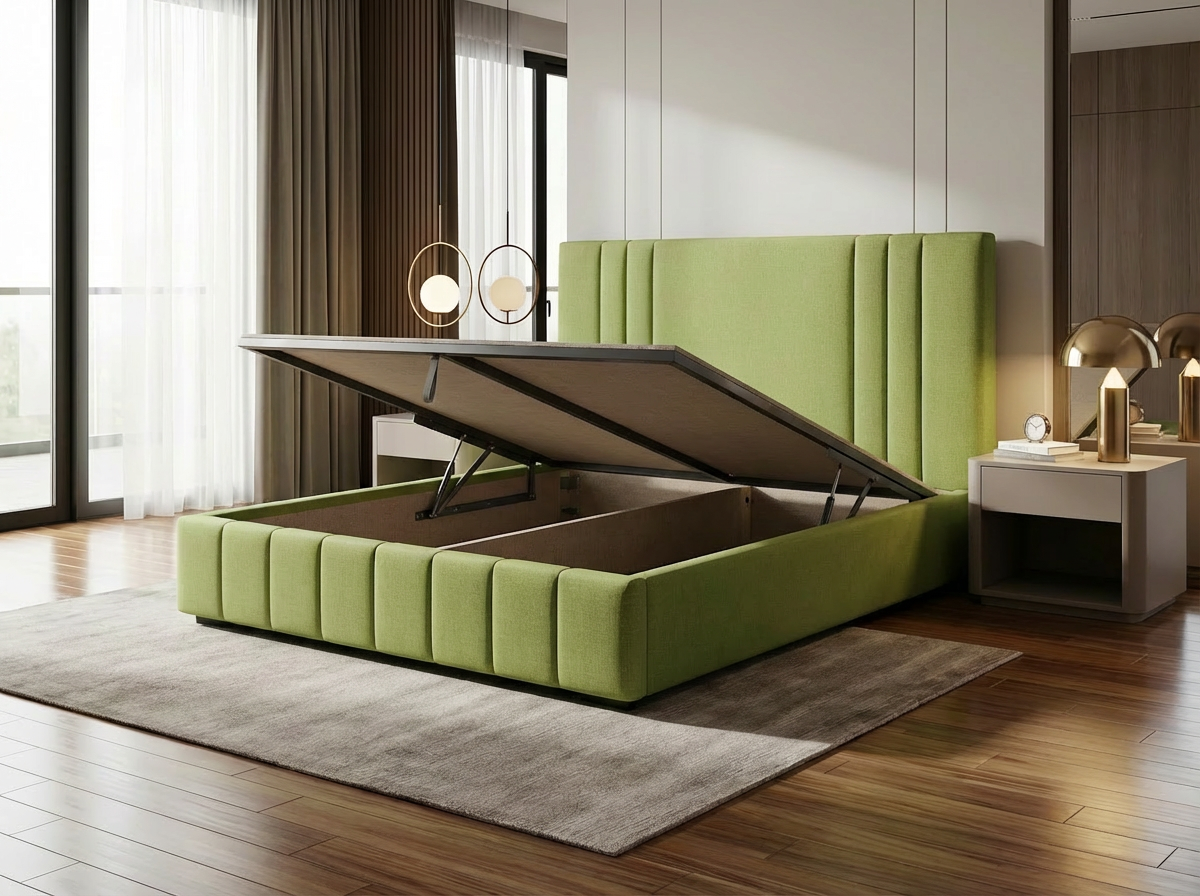 Lit Cannelé Moderne Vert Pistache (Vif) - Option Cadre Simple (Lattes) ou Lit Coffre (Rangement) - Tailles Queen et King