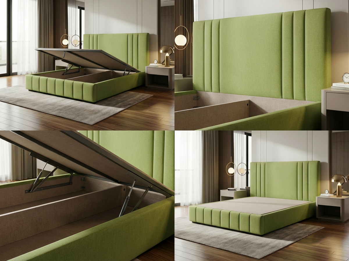 Lit Cannelé Moderne Vert Pistache (Vif) - Option Cadre Simple (Lattes) ou Lit Coffre (Rangement) - Tailles Queen et King