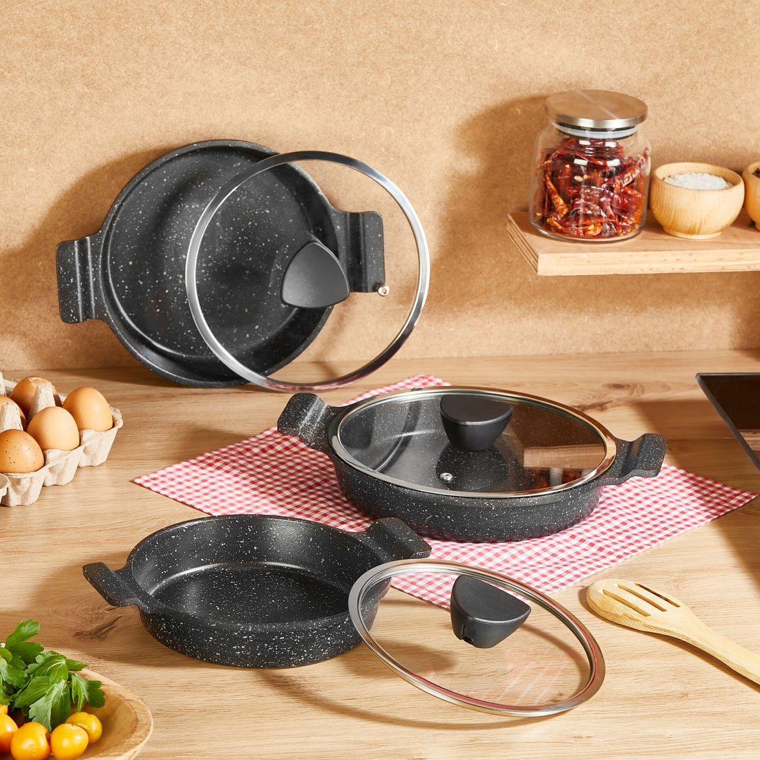 Amboss Astral Ensemble de 3 Poêles en Fonte avec Revêtement en Granit et Couvercles en Verre