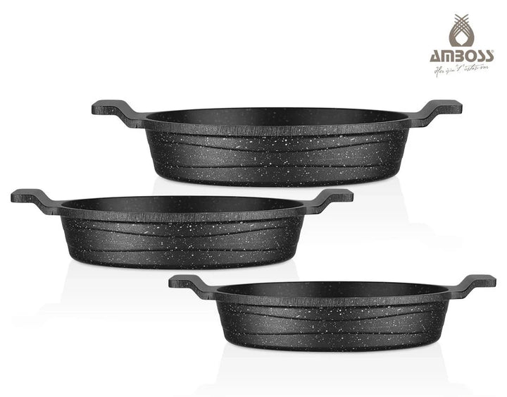 Amboss Astral Ensemble de 3 Poêles en Fonte avec Revêtement en Granit et Couvercles en Verre