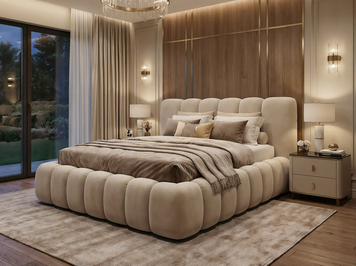 Cadre de Lit Luxueux Rembourré en Velours "Bubble" - 3 Finitions Premium (Uni, Brodé, Texturé) - Tailles Queen et King